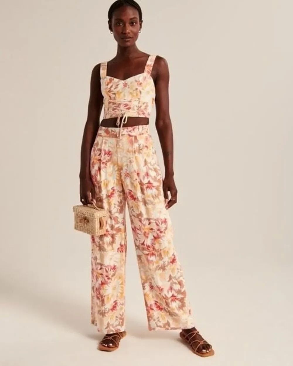 ✨Abercrombie & Fitch Linen-Blend Pull-On Wide Leg Orange Pattern Sz Small R Pant